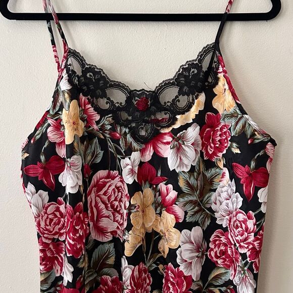 VTG Satin & Lace Floral Slip Dress 90s Black Red Pink Asymmetrical Inner Most L - Picture 2 of 8